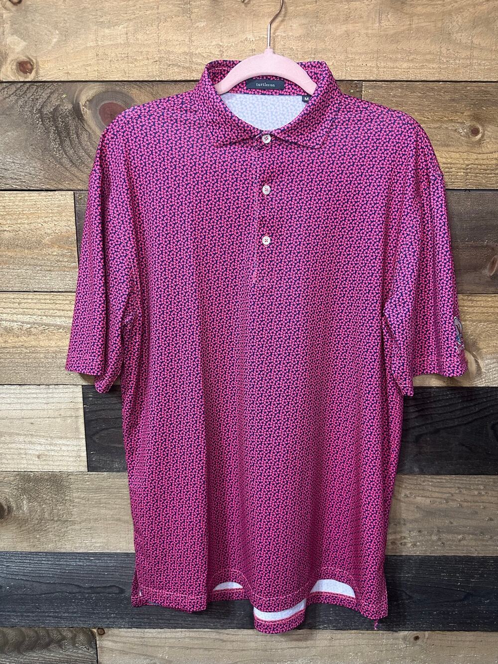 TURTLESON Men’s Pink Hibiscus Print Naples Vineyards Golf Polo Size M EUC